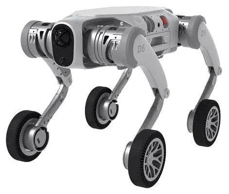 Robot cuadrúpedo PUDU D5W de color blanco con una rueda al final de cada pata