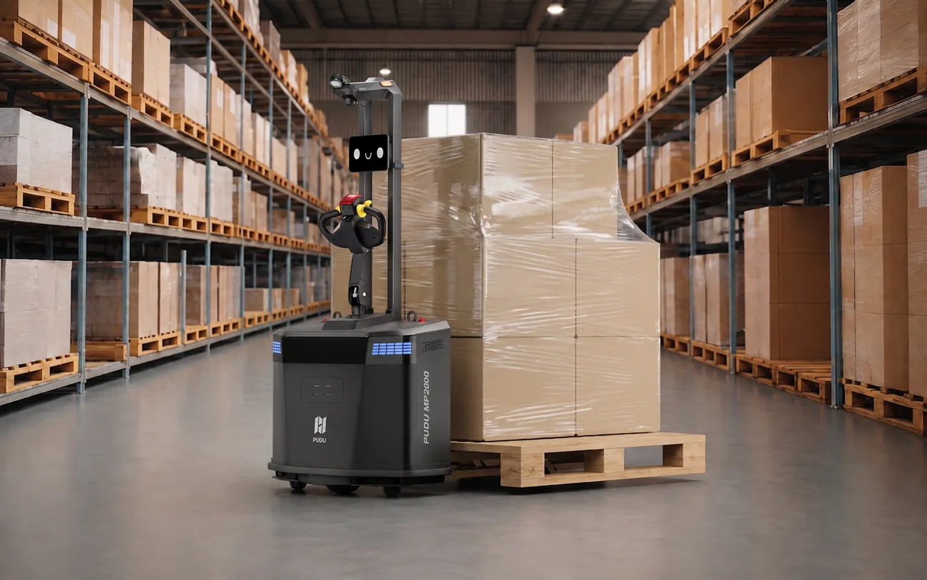 MP2000 junto a un palé en un almacén de estanterías